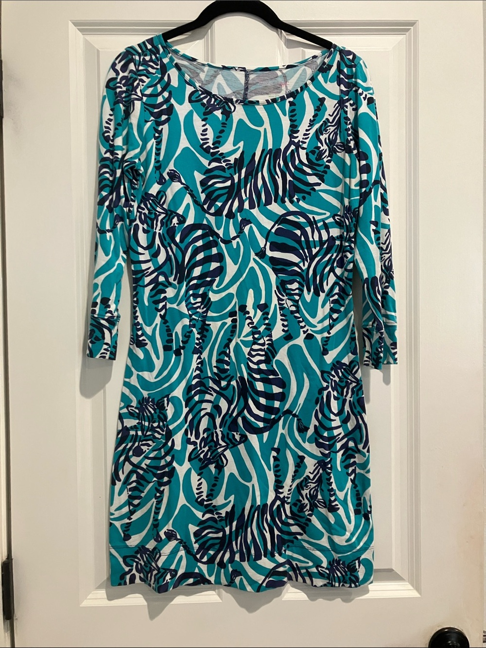 Lilly Pulitzer Teal, White & Navy Abstract Zebra Print Sheath Dress